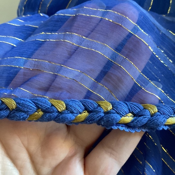 MISA Ambrosia Ruffle Hem Striped Midi Dress‎ Metallic Gold Royal Blue Tiered NEW - Picture 8 of 14